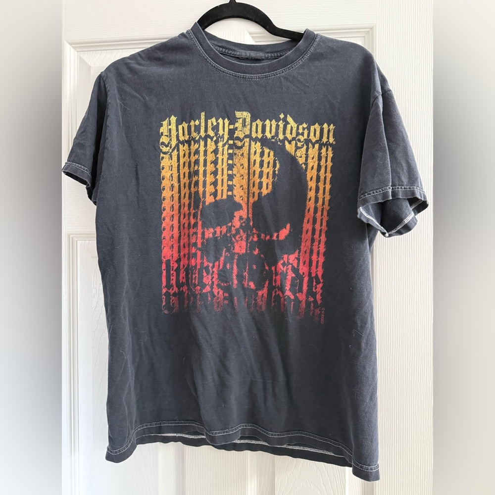 Vintage Harley-Davidson Black Tee with Red and Gold Skull Design Size Unknown